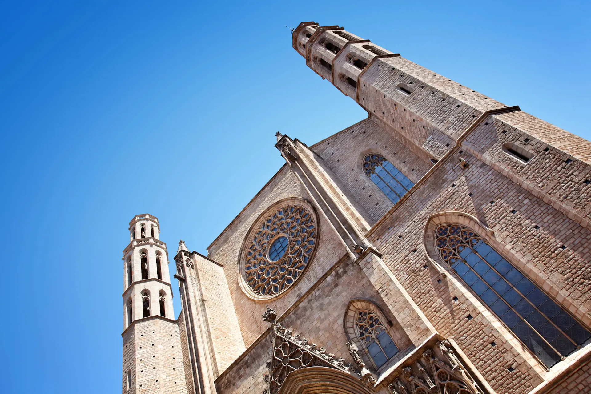 Catedral gótica con rosetones ornamentados y alto campanario contra un cielo azul despejado.