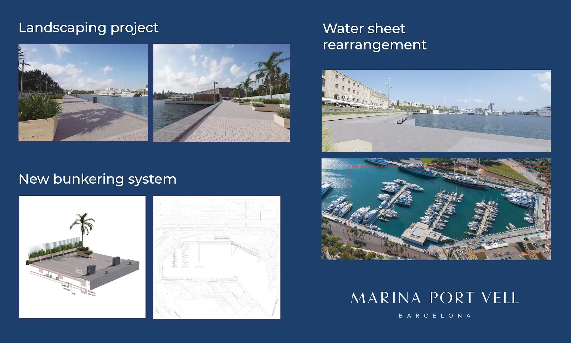 Presentation board showing marina renovation projects including landscaping, water sheet rearrangement and a new bunkering system.