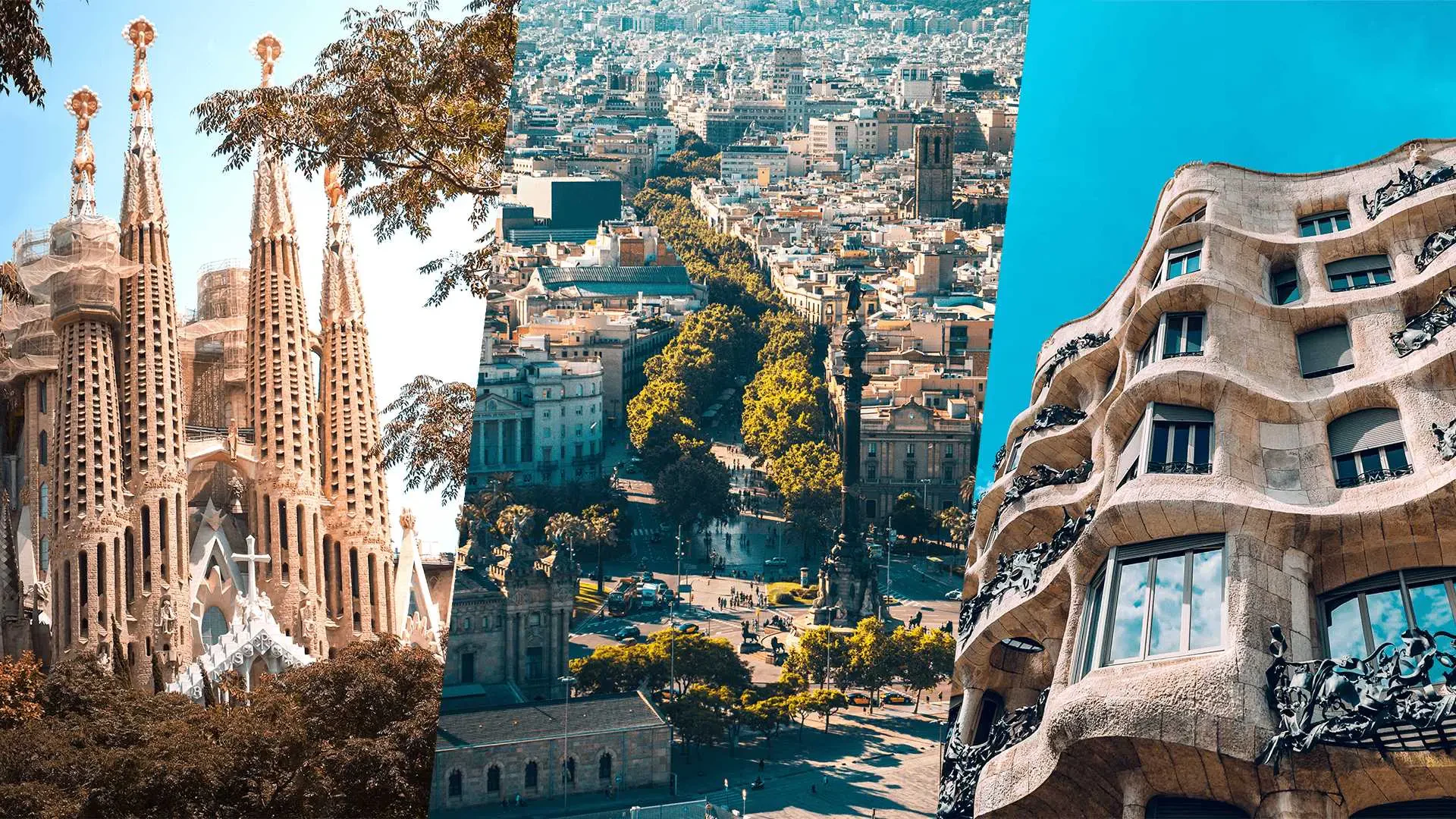 Paisaje urbano de Barcelona con la basílica de la Sagrada Familia, arquitectura urbana y el edificio Casa Milà.