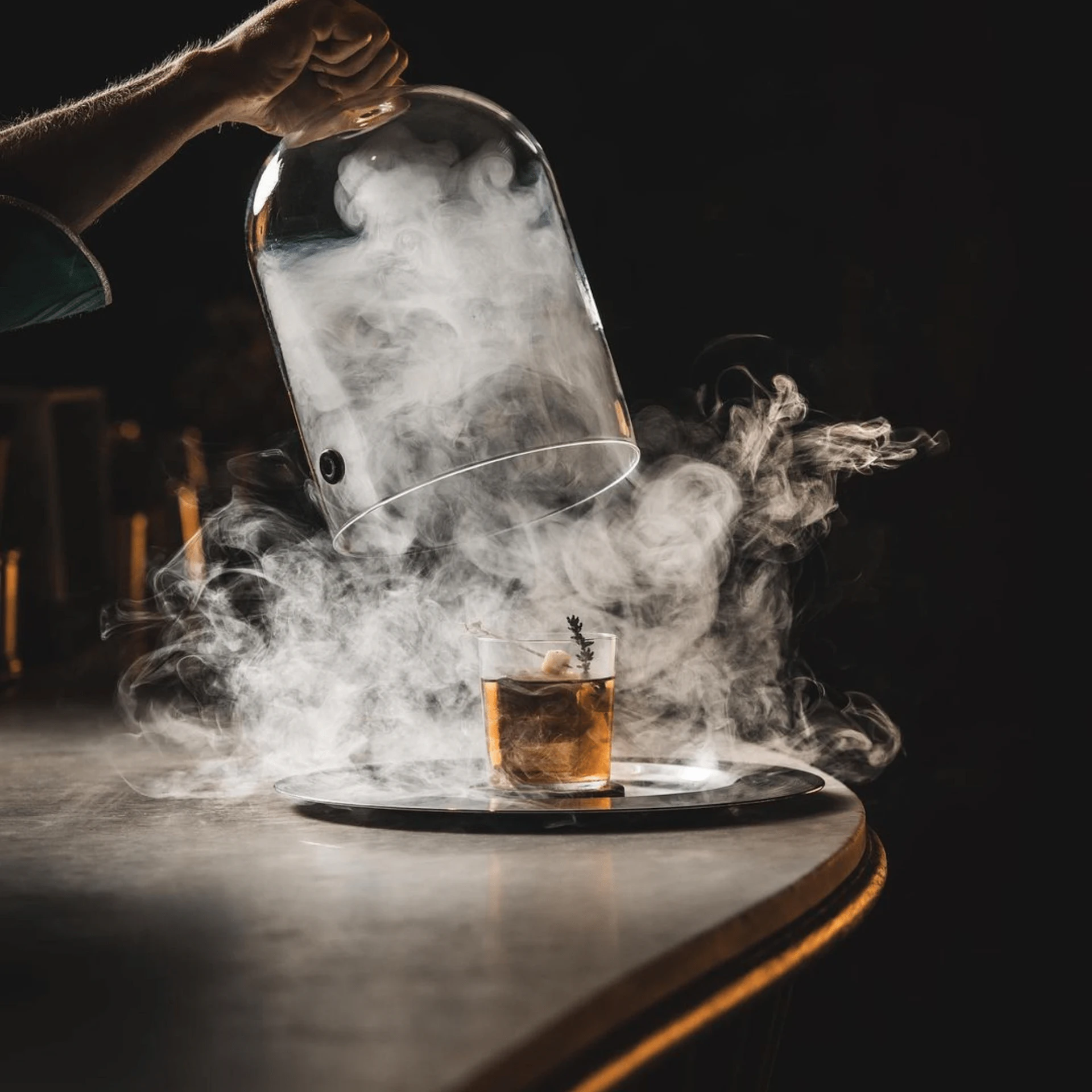 Mano vertiendo hielo seco humeante en un vaso de líquido ámbar sobre un plato negro.