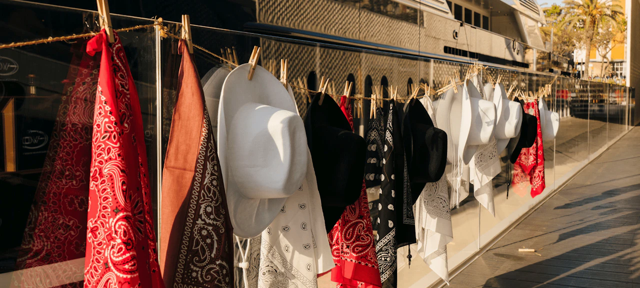 Detail of the decoration with cowboy hats and bandanas at Marina Port Vell’s themed Western party