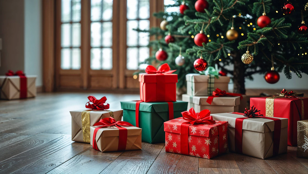 Several wrapped gifts under a Christmas tree, part of Marina Port Vell&rsquo;s initiative to raise funds so that over 100 families in Barceloneta receive gifts for Epiphany, creating a festive and supportive holiday atmosphere