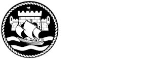 Circular emblem of a sailing ship on waves before a castle, bordered by rope.