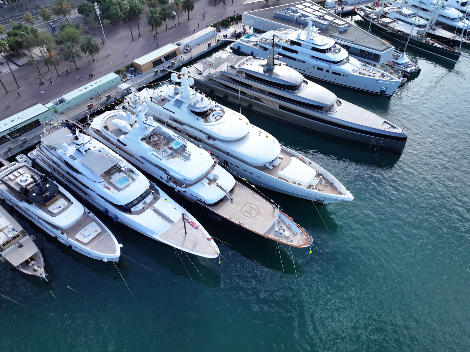 Multiple superyachts moored in a Barcelona waterfront marina with palm trees and buildings visible on shore.