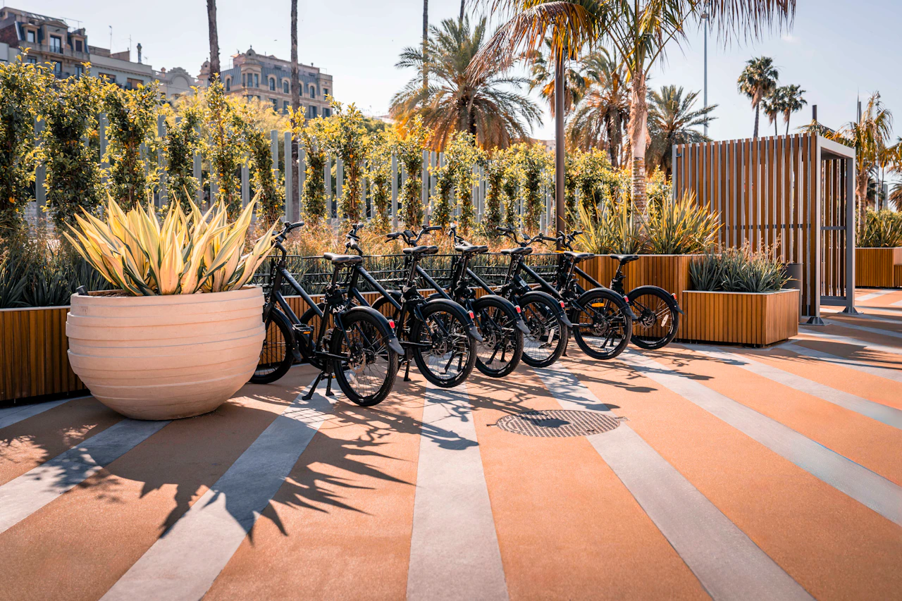 Row of black bicycles parked in a sunny plaza with palm trees and historic buildings in Barcelona.