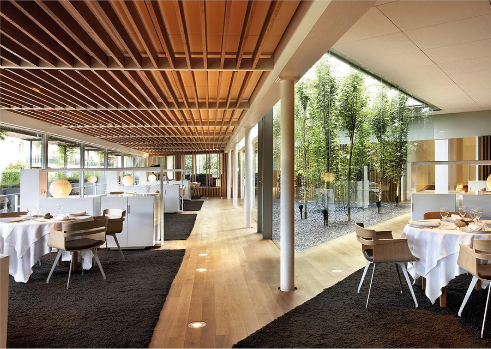 Modern restaurant interior with wooden slat ceiling, set tables and a bamboo garden courtyard.