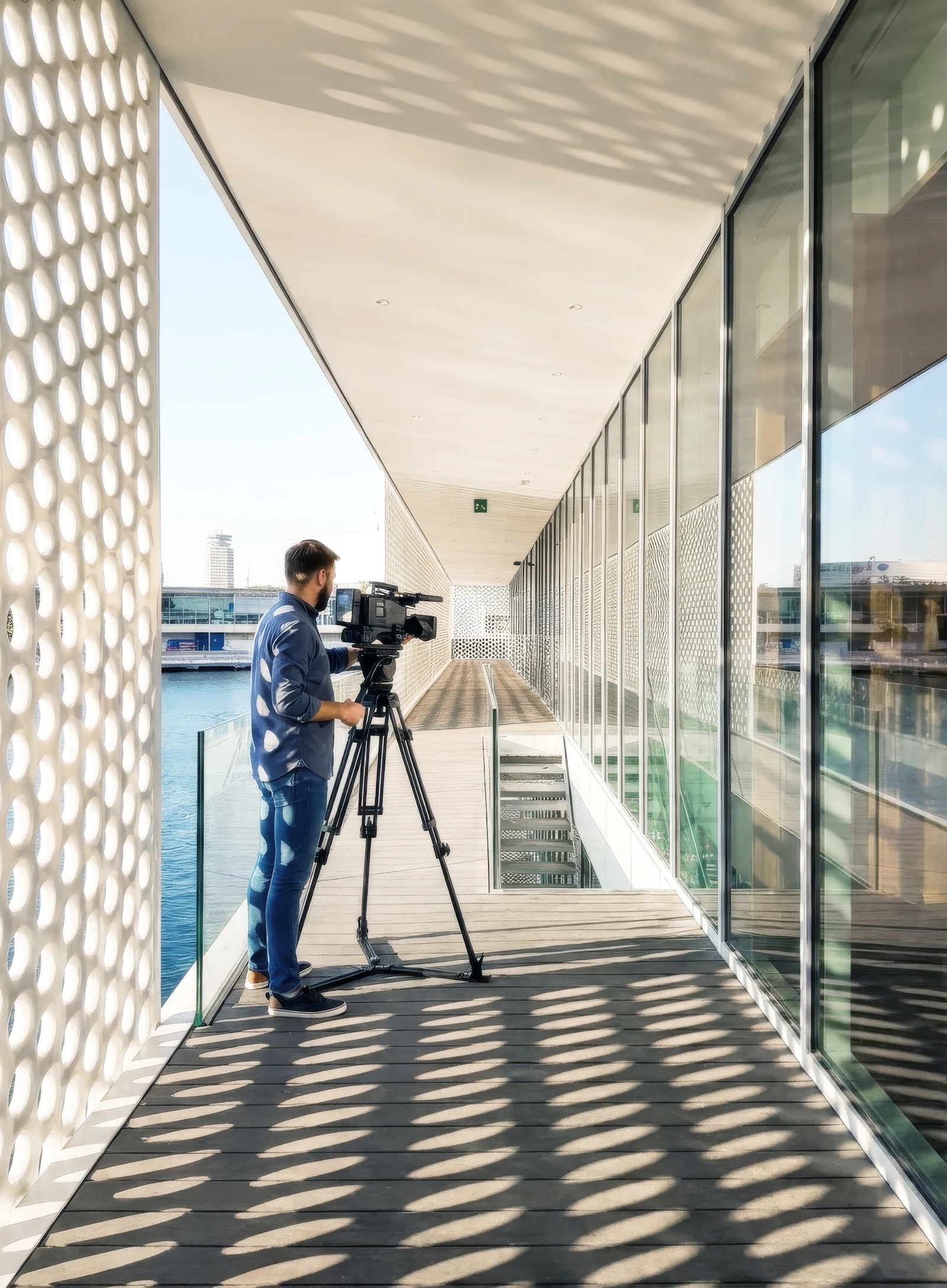 Cameraman operating professional video camera on a waterfront terrace overlooking Barcelona harbour.