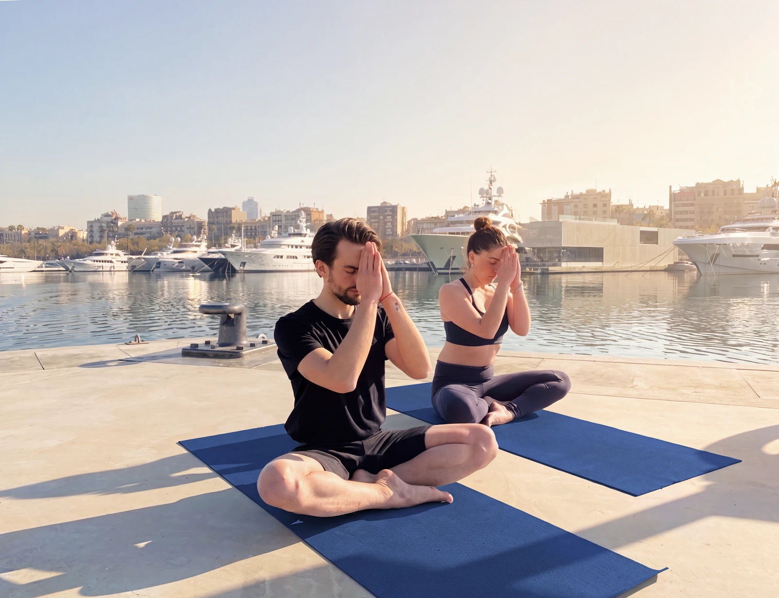 A man and woman meditate on yoga mats by the marina with yachts behind.