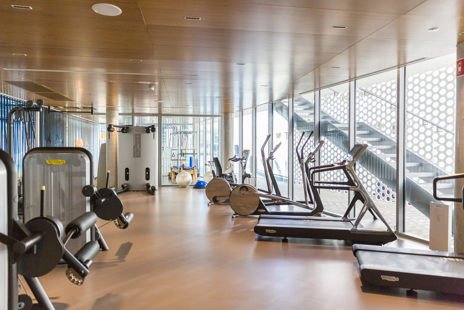 Interior de gimnasio moderno con máquinas y equipos de ejercicio junto a ventanales con vistas a un puerto deportivo.