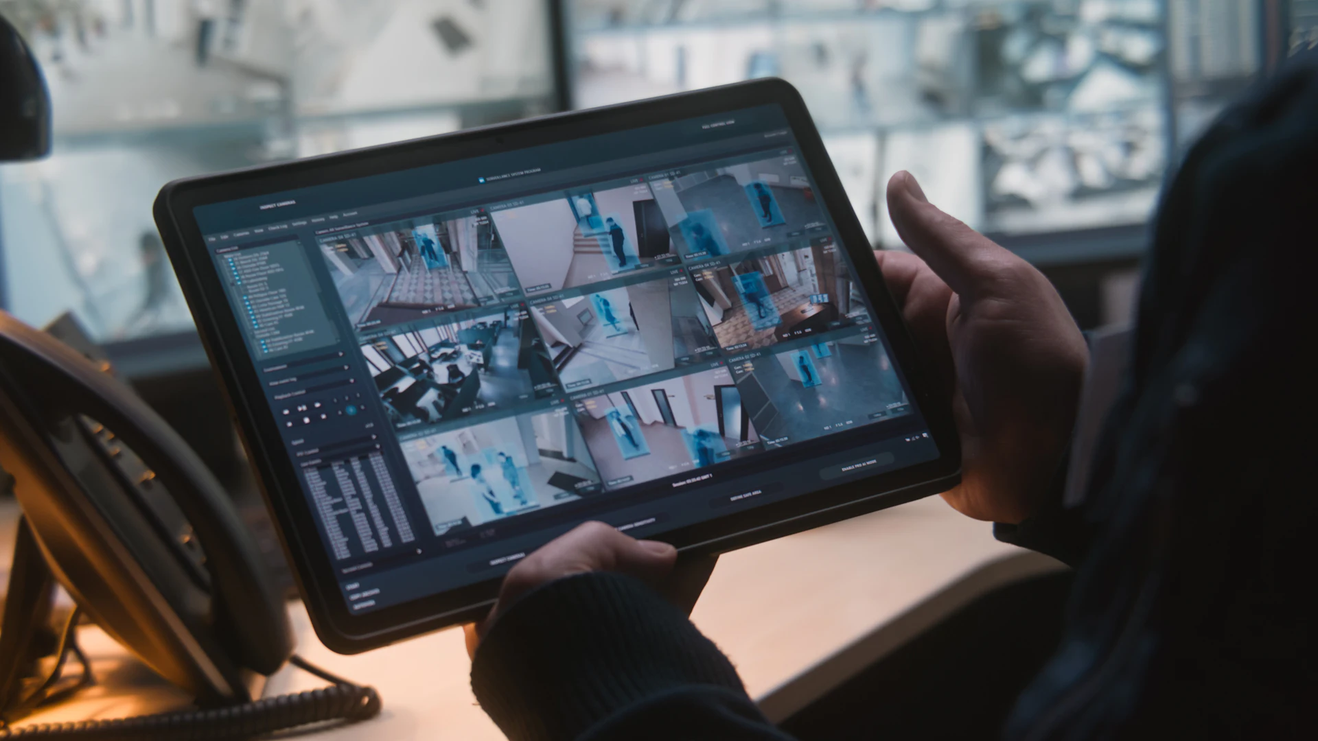 Person holding tablet displaying multi-camera security footage from a marina facility.